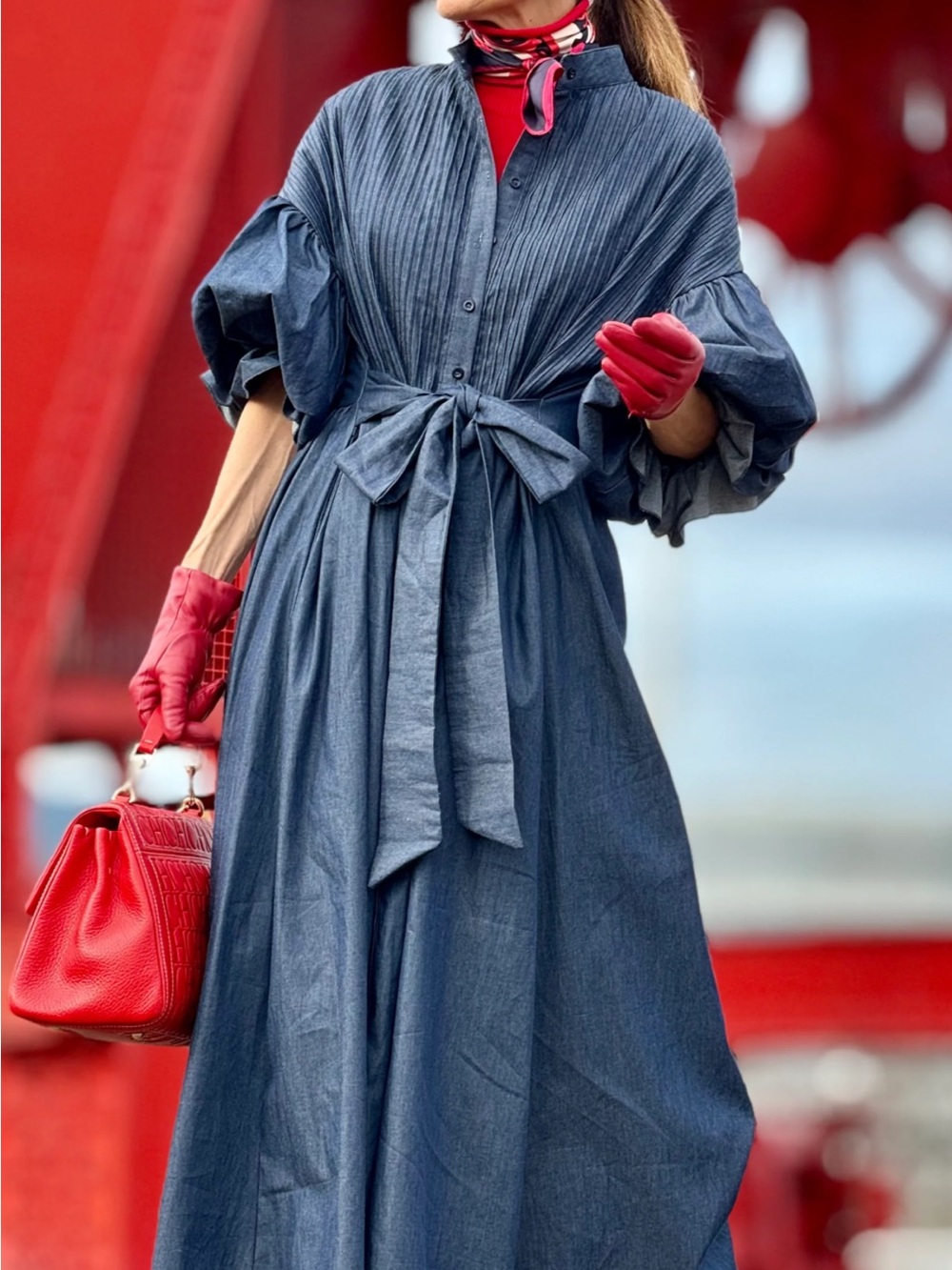 Pleated Slate Maxi Dress with Tie Waist